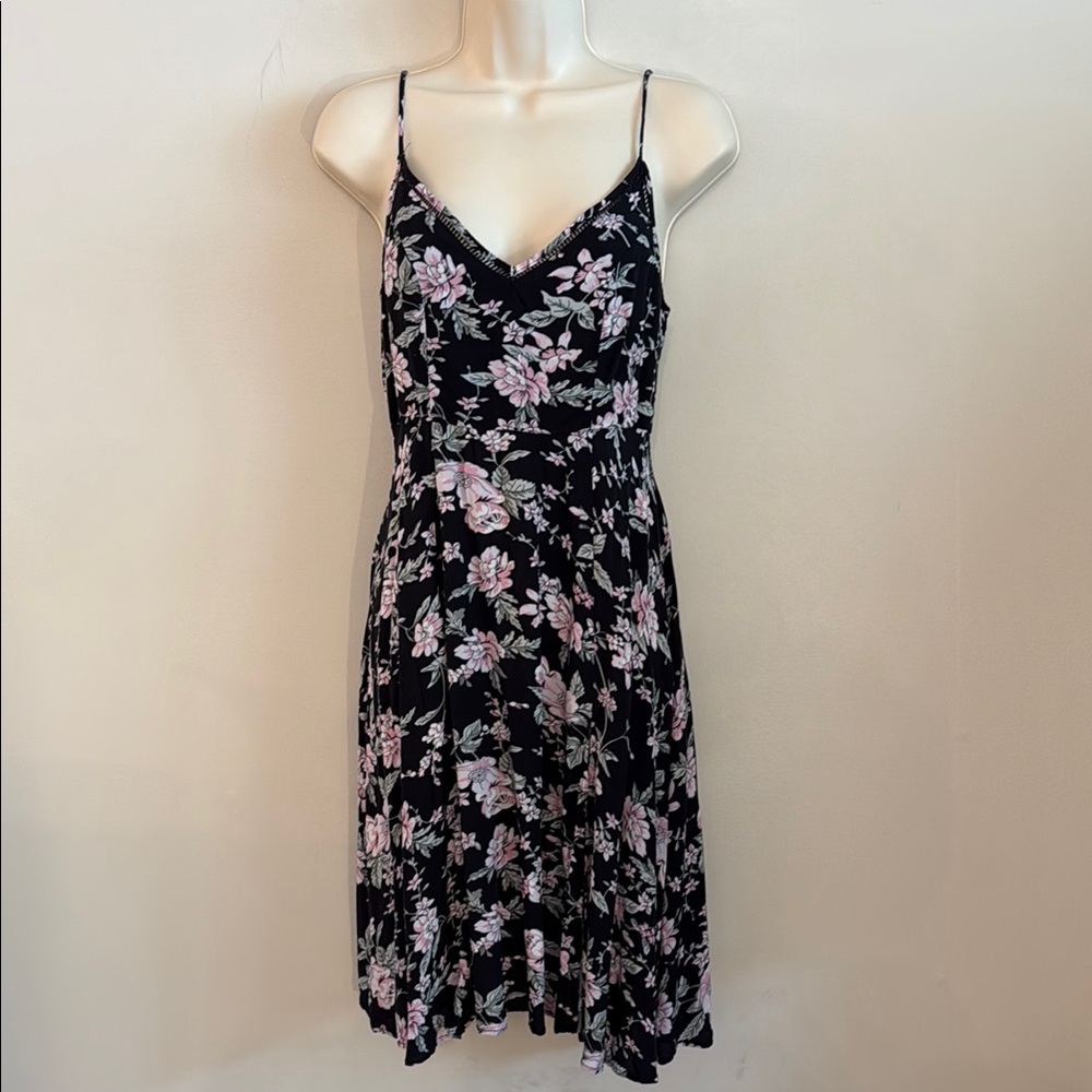 Lulus Chic Black Midi Slip Dress with Pink Floral Print with side slit Small - Picture 6 of 16